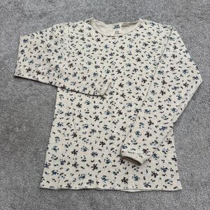 Vintage 90s High Sierra Thermal Top Women Large Cream Cotton Waffle Knit Floral